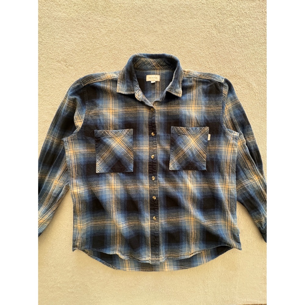 Brixton Plaid Flannel Shirt Blue Tan Long Sleeve Button Up Womens Size S